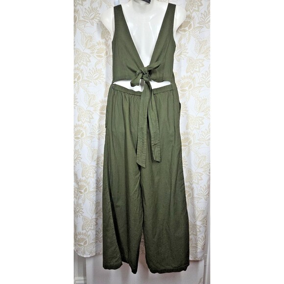 NEW LUCKY BRAND LINEN BLEND BROWN WIDE LEG TIE BACK CAPRI CROPPED JUMPSUIT XS - Picture 2 of 14